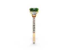 Fancy Green Asscher Cut Diamond Three-Stone Ring Set in Yellow gold with Pavé Band and Graduated Sides
