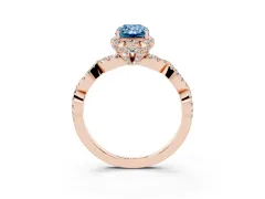 Fancy Blue Radiant Cut Diamond Halo Twist Band Solitaire Ring Set in Rose gold with Prong-Set Center Stone