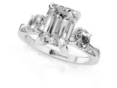 Emerald Cut Diamond Three-Stone Ring Set in Platinum with Pavé Band and Smaller Side Stones