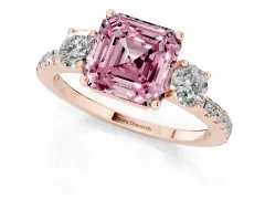 Fancy Pink Asscher Cut Diamond Three-Stone Ring Set in Rose gold with Pavé Band and Graduated Sides