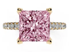 Fancy Pink Princess Cut Diamond Solitaire Ring Set in Yellow gold with Brilliant Pavé Band and Prong Setting