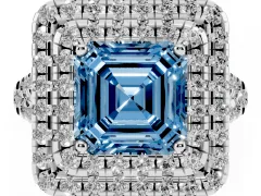 Fancy Blue Asscher Cut Diamond Double Halo Ring Set in White gold with Pavé Split Shank and Prong Setting