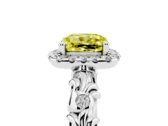 Fancy Yellow Cushion Cut Diamond Halo Ring Set in Silver with Filigree Leaf Band and Prong Setting