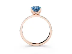 Fancy Blue Radiant Cut Diamond Solitaire Engagement Ring Set in Rose gold with Round Pavé Band and Prong Setting