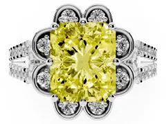 Fancy Yellow Radiant Cut Diamond Floral Halo Split Shank Engagement Ring Set in Platinum with Pavé Shank