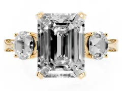 Emerald Cut Diamond Three-Stone Ring Set in Yellow gold with Pavé Band and Smaller Side Stones