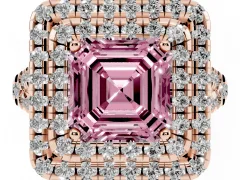 Fancy Pink Asscher Cut Diamond Double Halo Ring Set in Rose gold with Pavé Split Shank and Prong Setting