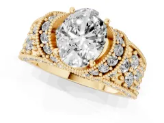 Oval Cut Diamond Milgrain Halo Pavé Engagement Ring Set in Yellow gold with Prong Setting