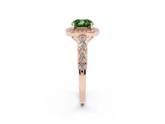 Fancy Green Cushion Cut Diamond Milgrain Halo Solitaire Ring Set in Rose gold with Bezel Set Side Stones and Pavé Band