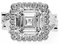 Asscher Cut Diamond Halo Ring Set in Silver with Leaf Motif Split Shank and Prong Setting
