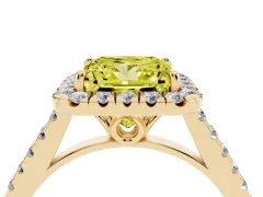 Fancy Yellow Princess Cut Diamond Pavé Halo Engagement Ring Set in Yellow gold with Pavé Band and Prong Setting