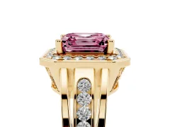 Fancy Pink Asscher Cut Diamond Halo Ring Set in Yellow gold with Pavé and Bezel Accent Split Shank