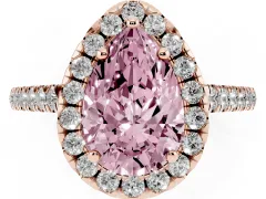 Fancy Pink Pear Cut Diamond Pavé Halo Engagement Ring Set in Rose gold with Pavé Band and Prong Setting