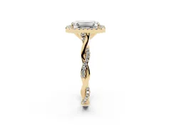 Emerald Cut Diamond Halo Twist Band Solitaire Ring Set in Yellow gold with Prong Setting