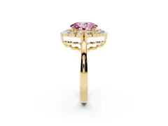 Fancy Pink Oval Cut Diamond Halo Cluster Engagement Ring Set in Yellow gold with Solitaire Band and Prong Setting