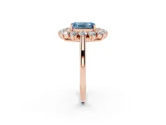 Fancy Blue Emerald Cut Diamond Floral Double Halo Ring Set in Rose gold with Round Petals