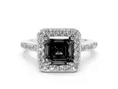 Fancy Black Asscher Cut Diamond Halo Engagement Ring Set in Platinum with Round Pavé Shoulders and Heart Gallery