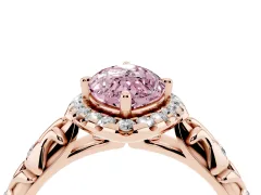 Fancy Pink Marquise Cut Diamond Halo Ring Set in Rose gold with Filigree Leaf Band and Prong Setting