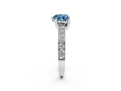Fancy Blue Heart Cut Diamond Solitaire Ring Set in White gold with Milgrain-Edged Pavé Band and Prong Setting
