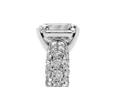 Emerald Cut Diamond Pavé Band Solitaire Ring Set in Platinum with Close-Set Accent Stones and Prong Setting