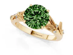 Fancy Green Round Cut Diamond Solitaire Ring Set in Yellow gold with Leaf Motif Band