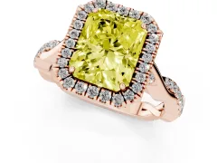 Fancy Yellow Radiant Cut Diamond Halo Twist Band Solitaire Ring Set in Rose gold with Prong Setting