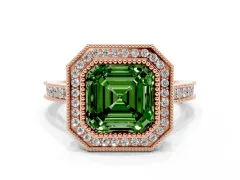 Fancy Green Asscher Cut Diamond Halo Milgrain Pavé Band Ring Set in Rose gold with Prong Setting