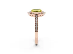 Fancy Yellow Emerald Cut Diamond Halo Ring Set in Rose gold with Pavé-Lined Shoulders and Prong Setting