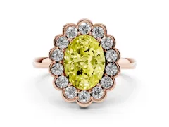 Fancy Yellow Oval Cut Diamond Halo Cluster Engagement Ring Set in Rose gold with Solitaire Band and Prong Setting