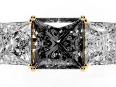 Fancy Black Princess Cut Diamond Three-Stone Ring Set in Yellow gold with Textured Band
