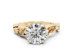 Round Cut Diamond Vine Band Solitaire Ring Set in Yellow gold with Milgrain Prong Setting