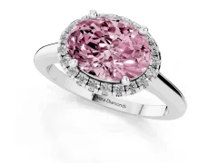 Fancy Pink Oval Cut Diamond Halo Engagement Ring Set in Platinum with Pavé Band and Rising Shoulders