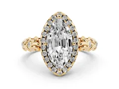 Marquise Cut Diamond Halo Ring Set in Yellow gold with Filigree Leaf Band and Prong Setting