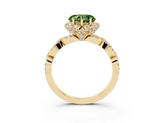 Fancy Green Heart Cut Diamond Halo Twist Band Solitaire Ring Set in Yellow gold with Prong-Set Center Stone