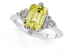 Fancy Yellow Emerald Cut Diamond Cluster Ring Set in Platinum with Beaded Band
