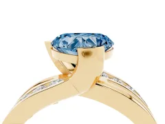 Fancy Blue Heart Cut Diamond Solitaire Ring Set in Yellow gold with Channel Set Split Shank and Tension Prongs