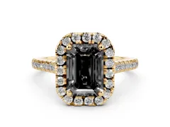 Fancy Black Emerald Cut Diamond Cushion Halo Ring Set in Yellow gold with Pavé Band
