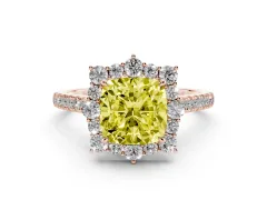 Fancy Yellow Cushion Cut Diamond Halo Ring Set in Rose gold with Pavé Band and Prong Setting
