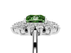 Fancy Green Princess Cut Diamond Floral Double Halo Ring Set in White gold with Round Petals