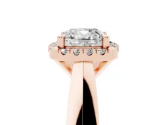 Cushion Cut Diamond Halo Solitaire Engagement Ring Set in Rose gold with Square Band and Prong Setting