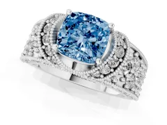 Fancy Blue Cushion Cut Diamond Milgrain Halo Pavé Engagement Ring Set in White gold with Prong Setting