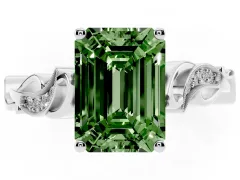 Fancy Green Emerald Cut Diamond Vine Band Solitaire Ring Set in Silver with Milgrain Prong Setting