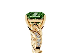 Fancy Green Cushion Cut Diamond Vine Band Solitaire Ring Set in Yellow gold with Milgrain Prong Setting