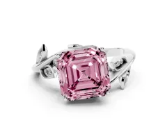 Fancy Pink Asscher Cut Diamond Solitaire Twist Engagement Ring Set in White gold with Pavé Leaf Accents