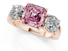 Fancy Pink Asscher Cut Diamond Three-Stone Ring Set in Rose gold with Round Side Stones and Classic Band
