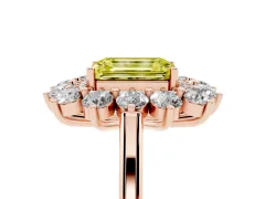 Fancy Yellow Emerald Cut Diamond Floral Double Halo Ring Set in Rose gold with Round Petals