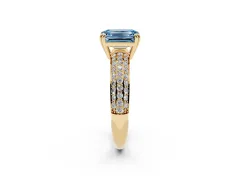 Fancy Blue Emerald Cut Diamond Solitaire Ring Set in Yellow gold with Multi-Row Round Pavé Band and Prong Setting