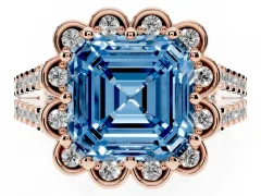 Fancy Blue Asscher Cut Diamond Floral Halo Split Shank Engagement Ring Set in Rose gold with Pavé Shank