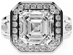 Asscher Cut Diamond Halo Ring Set in White gold with Pavé and Bezel Accent Split Shank