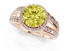 Fancy Yellow Round Cut Diamond Halo Ring Set in Rose gold with Double Pavé Split Shank